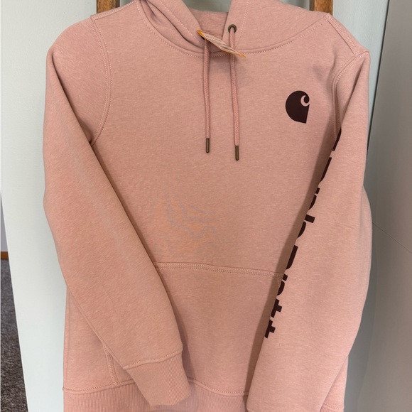 Carhartt Tops - Carhartt Women's Dusty Pink Logo Hoodie w/ Dark Chest Emblem and Sleeve Graphic